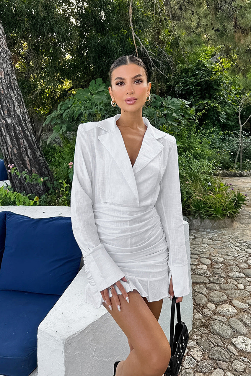 Deep V Notched Lapel Long Sleeve Ruched Blazer Mini Dress 3