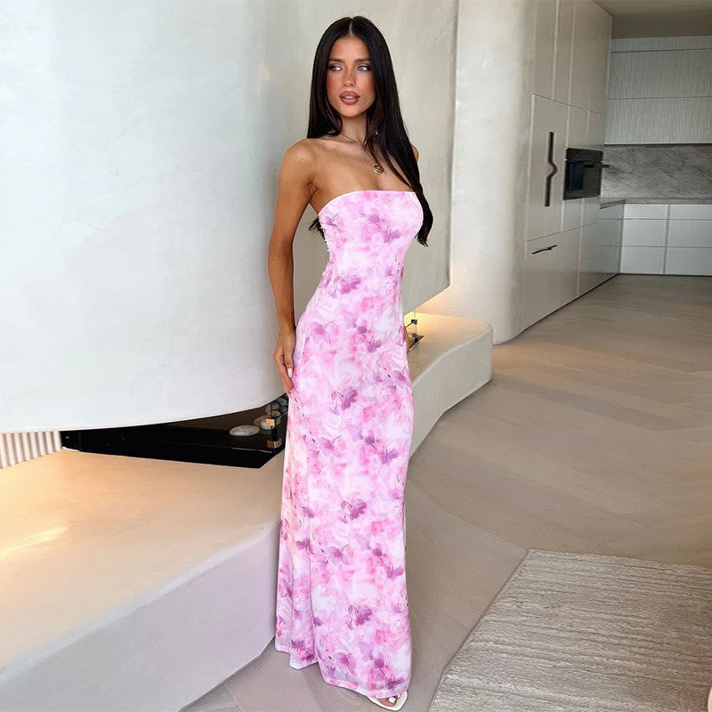 Strapless Abstract Watercolor Floral Print Bodycon Maxi Dress 3