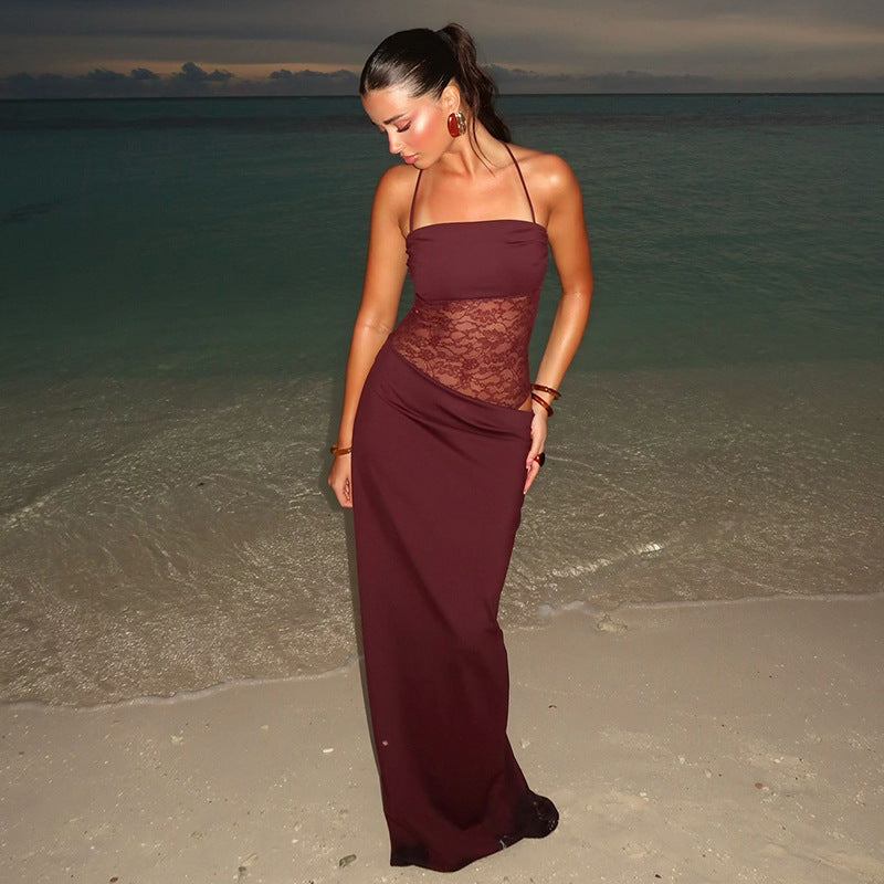 Spaghetti Strap Square Neck Lace Waist Panel Bodycon Maxi Dress 3