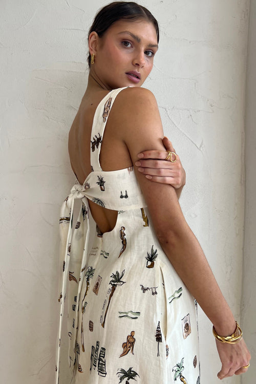 Square Neck Wide Strap Pocketed Vacation Sketch Print Maxi Dress 3
