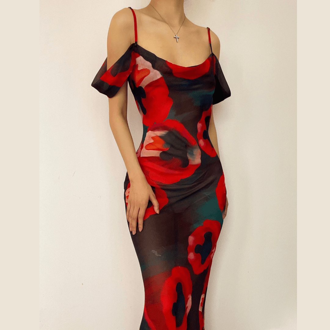 Scoop Neck Spaghetti Strap Off Shoulder Flared Sleeve Floral Mesh Bodycon Maxi Dress