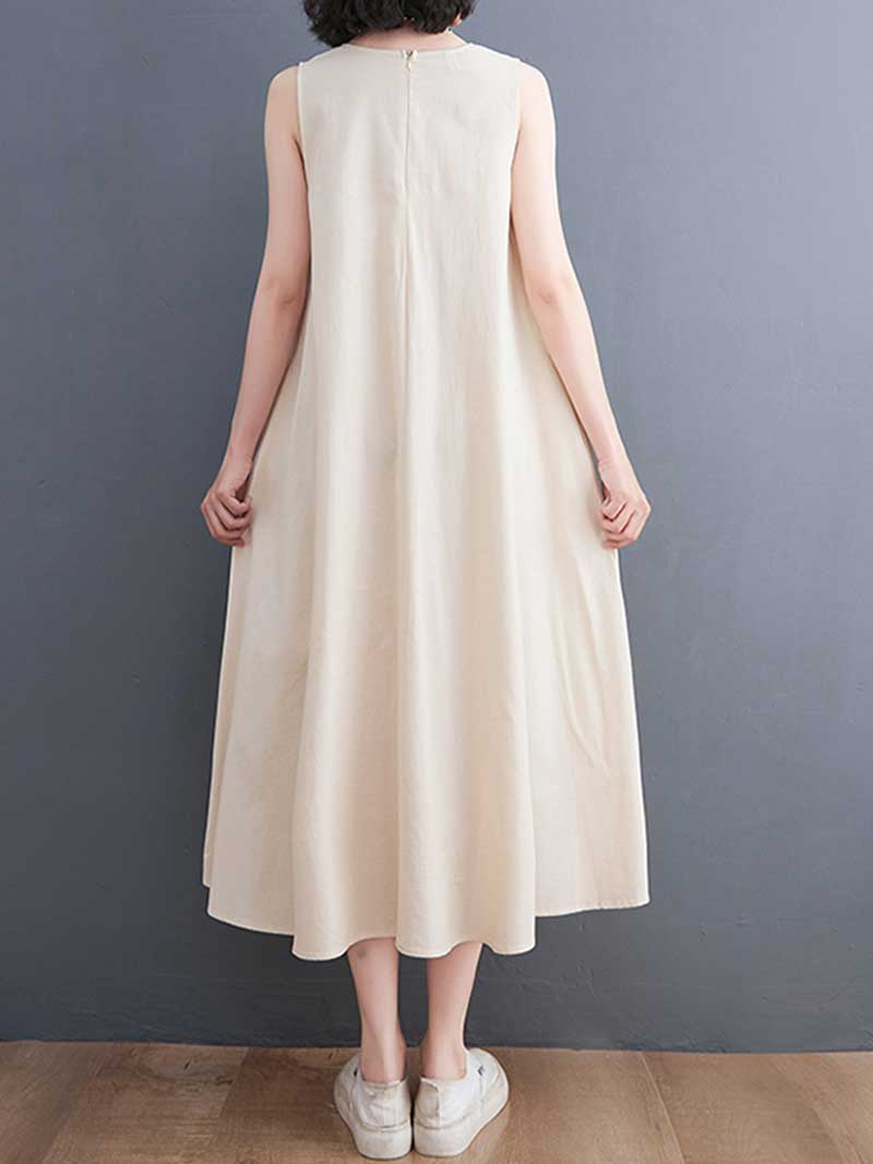 Round Neck Sleeveless Side Pocket Loose A Line Maxi Dress 3