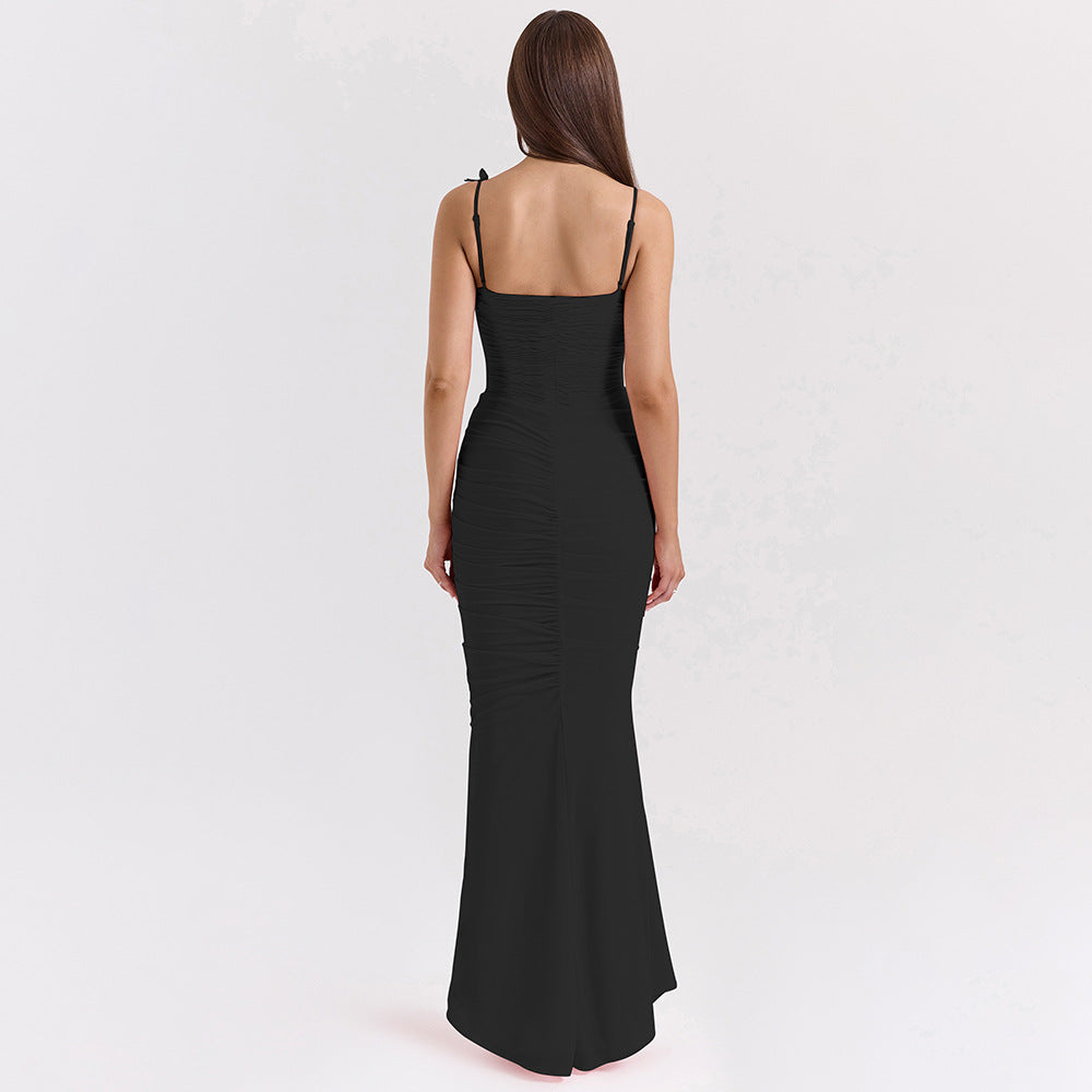 Spaghetti Strap Butterfly Applique Corset Boned Ruched Mermaid Maxi Dress 3