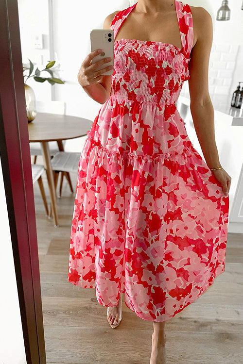 Square Neck Smocked Tiered Ruffle Floral Midi Dress 2