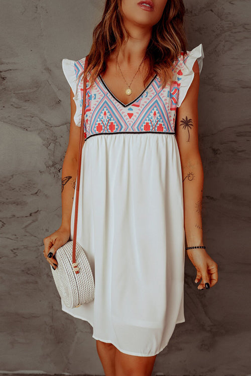 Deep V Neck Ruffle Trim Geometric Print Babydoll Mini Dress 4