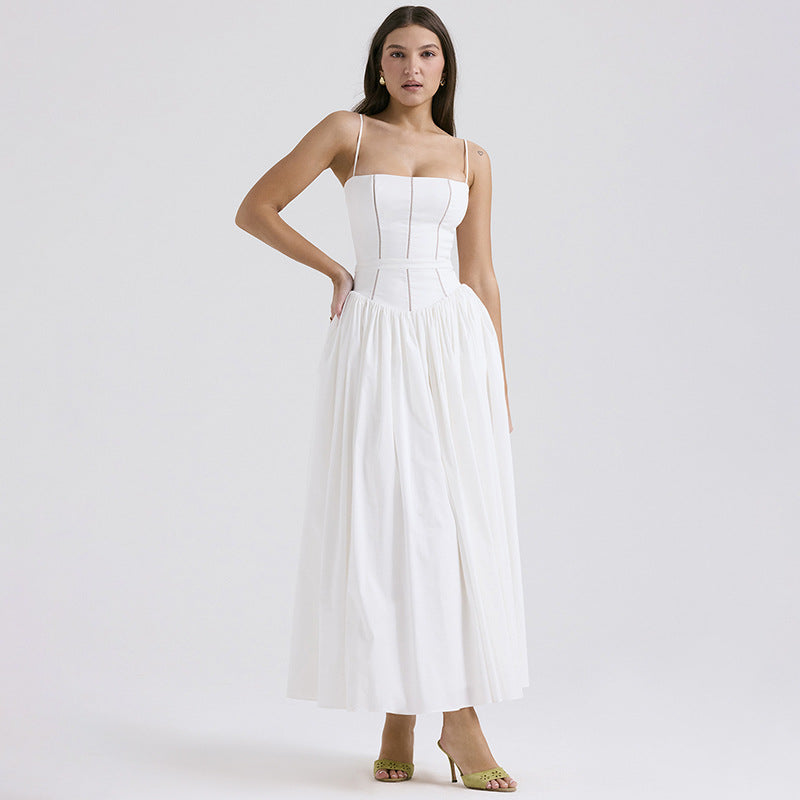 Square Neck Corset Basque Waist Pleated Midi Dress 3