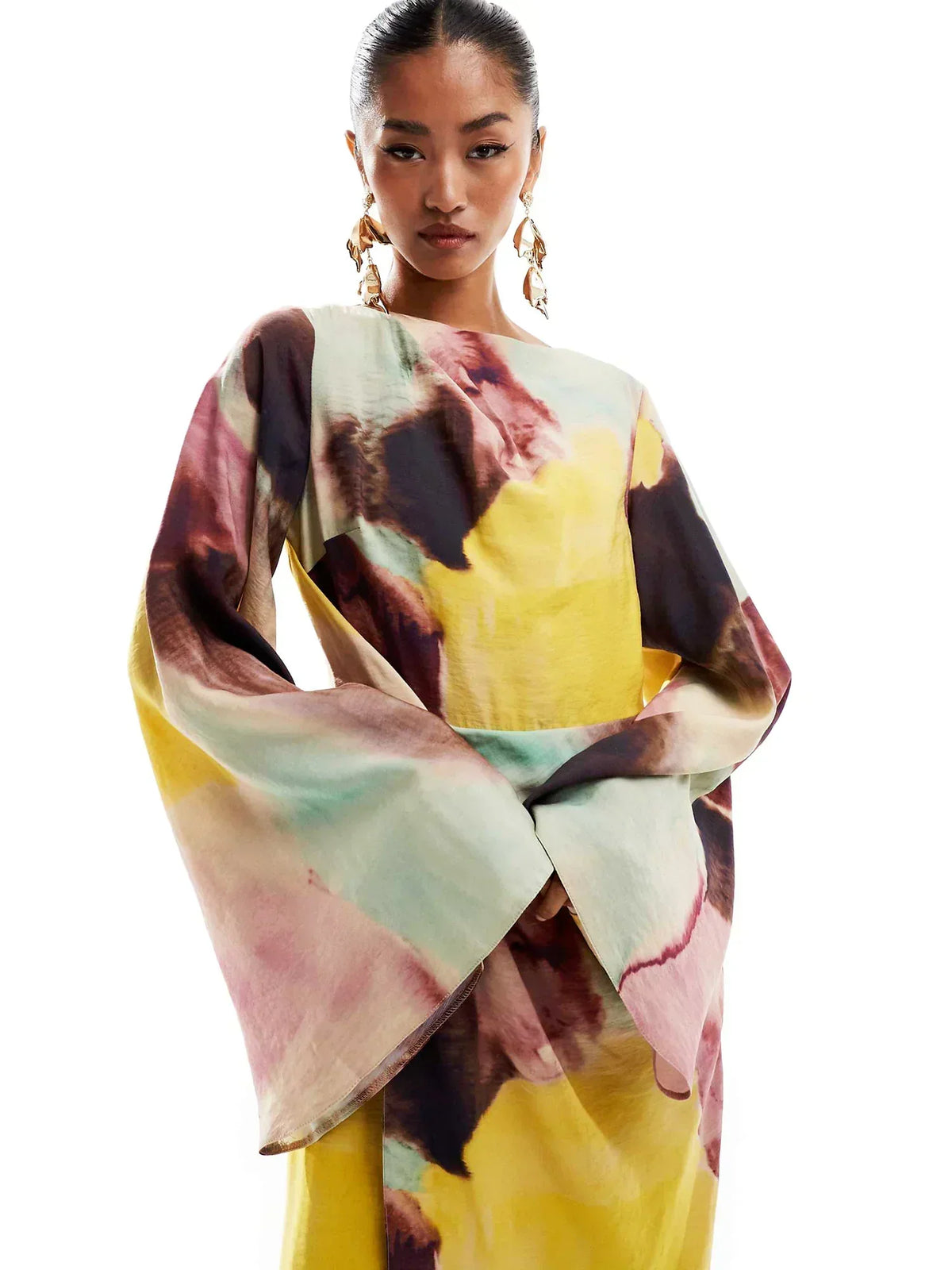 Abstract Watercolor Print Boat Neck Bell Sleeve Maxi Dress 3