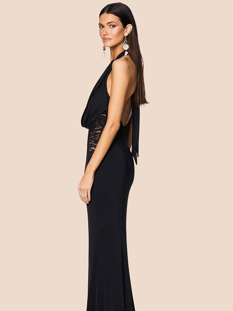 Plunging Halter Cowl Lace Side Panel Mermaid Maxi Gown 3