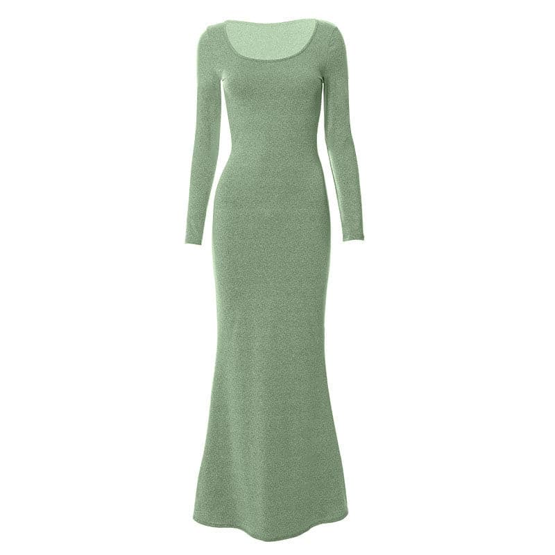 Scoop Neck Long Sleeve Mermaid Hem Knit Bodycon Maxi Dress 11