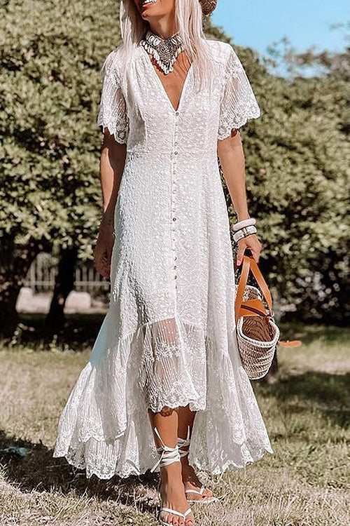 Deep V Neck Short Lace Sleeve Button Front High Low Ruffle Embroidered Maxi Dress 2