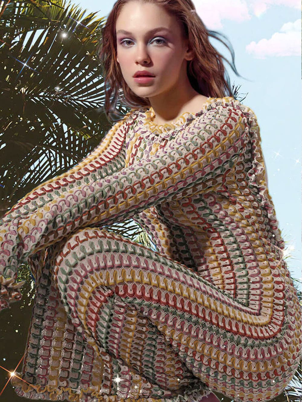 Crochet Scallop Stripe Ruffle Boat Neck Long Sleeve Mini Dress 3