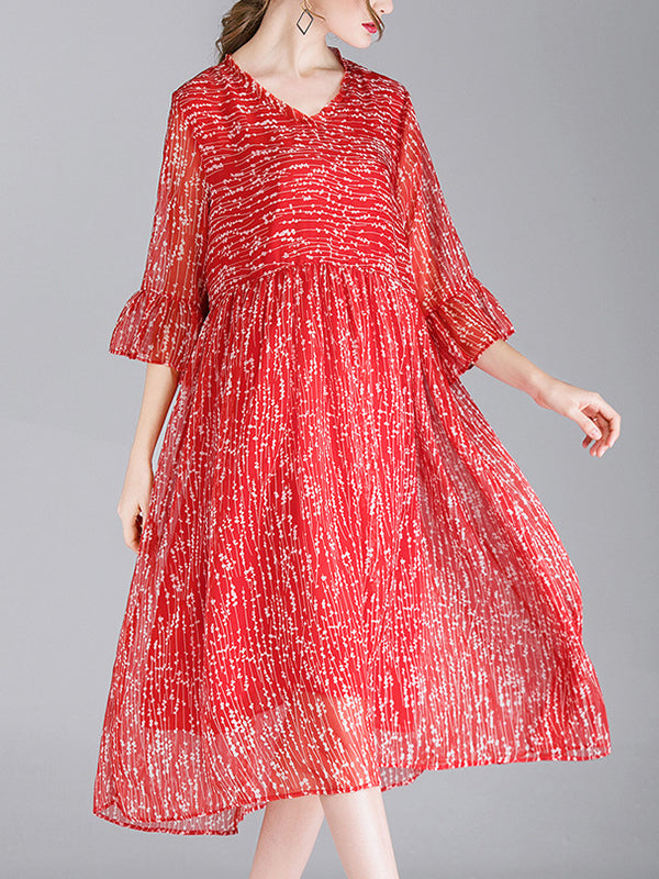 V-Neck Tiered Bell Cuff Empire Waist Pleated Dotted Midi Dress 3