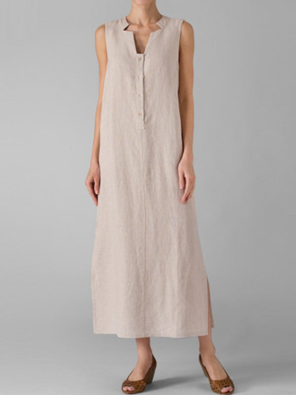Sleeveless Notched Collar Button Front Linen Maxi Dress with Side Slits 3