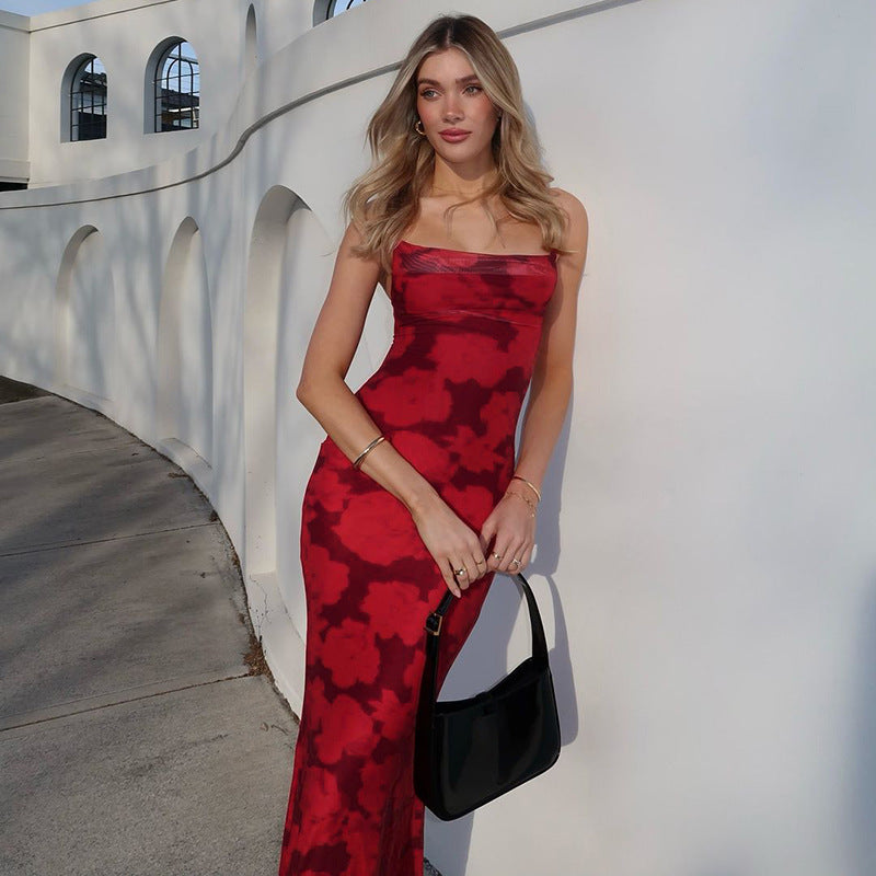 Square Neck Spaghetti Strap Floral Mesh Midi Dress 3