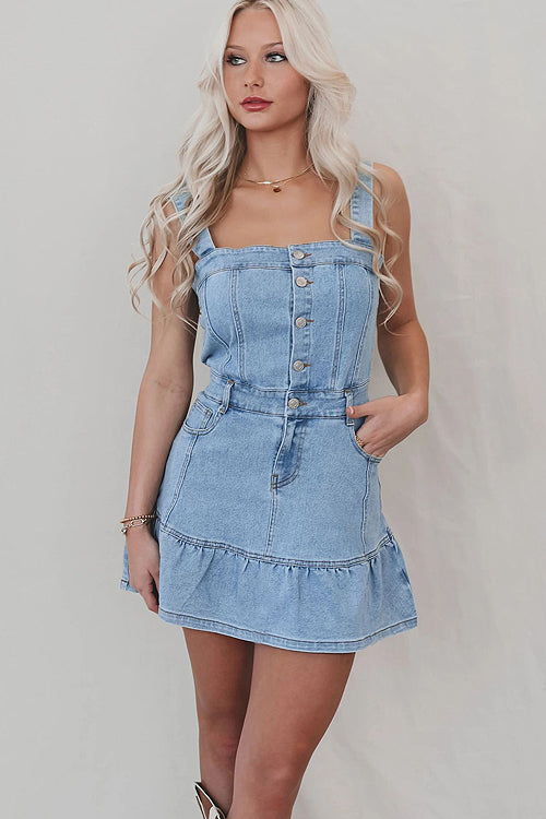 Square Neck Button Front Pocket Tiered Ruffle Denim Mini Dress 4