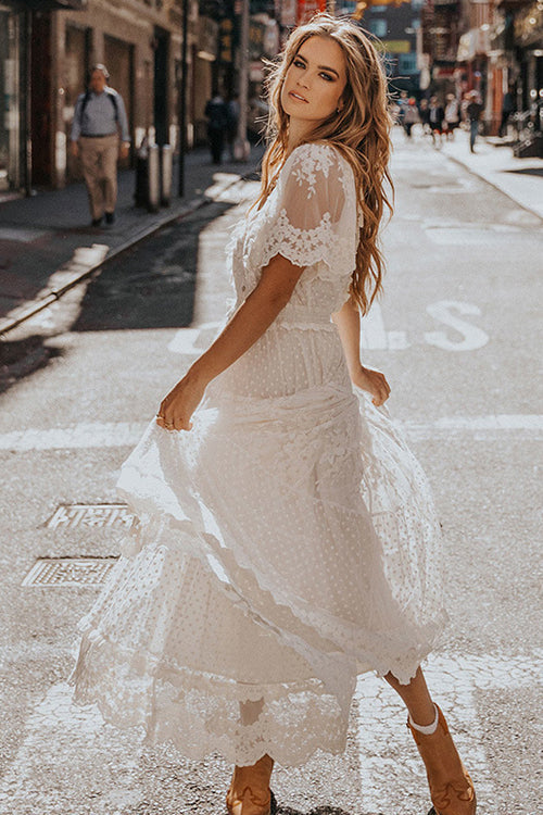 V Neck Short Sleeve Swiss Dot Lace Tiered Scalloped Hem Maxi Dress 2