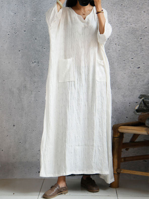 Round Neck Crinkle Gauze Square Pocket Oversized Maxi Linen Dress