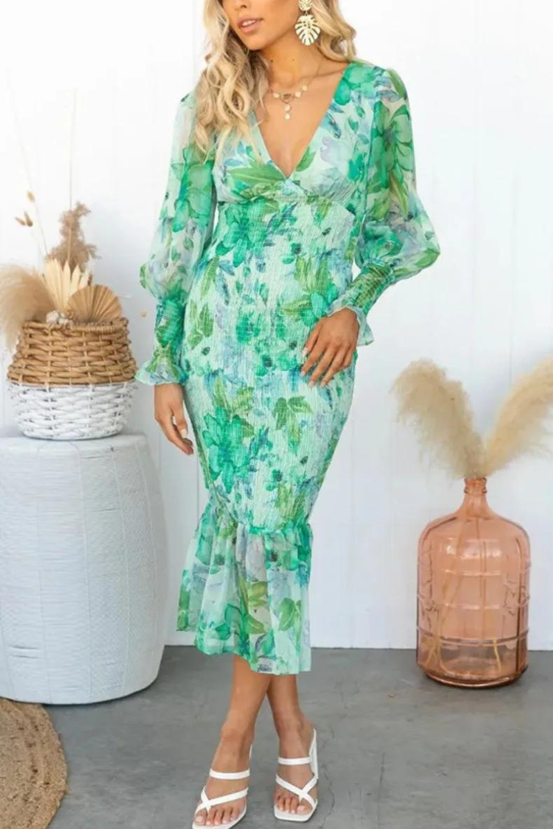 Floral Print Deep V-Neck Balloon Sleeve Smocked Trumpet Hem Midi Dress 2