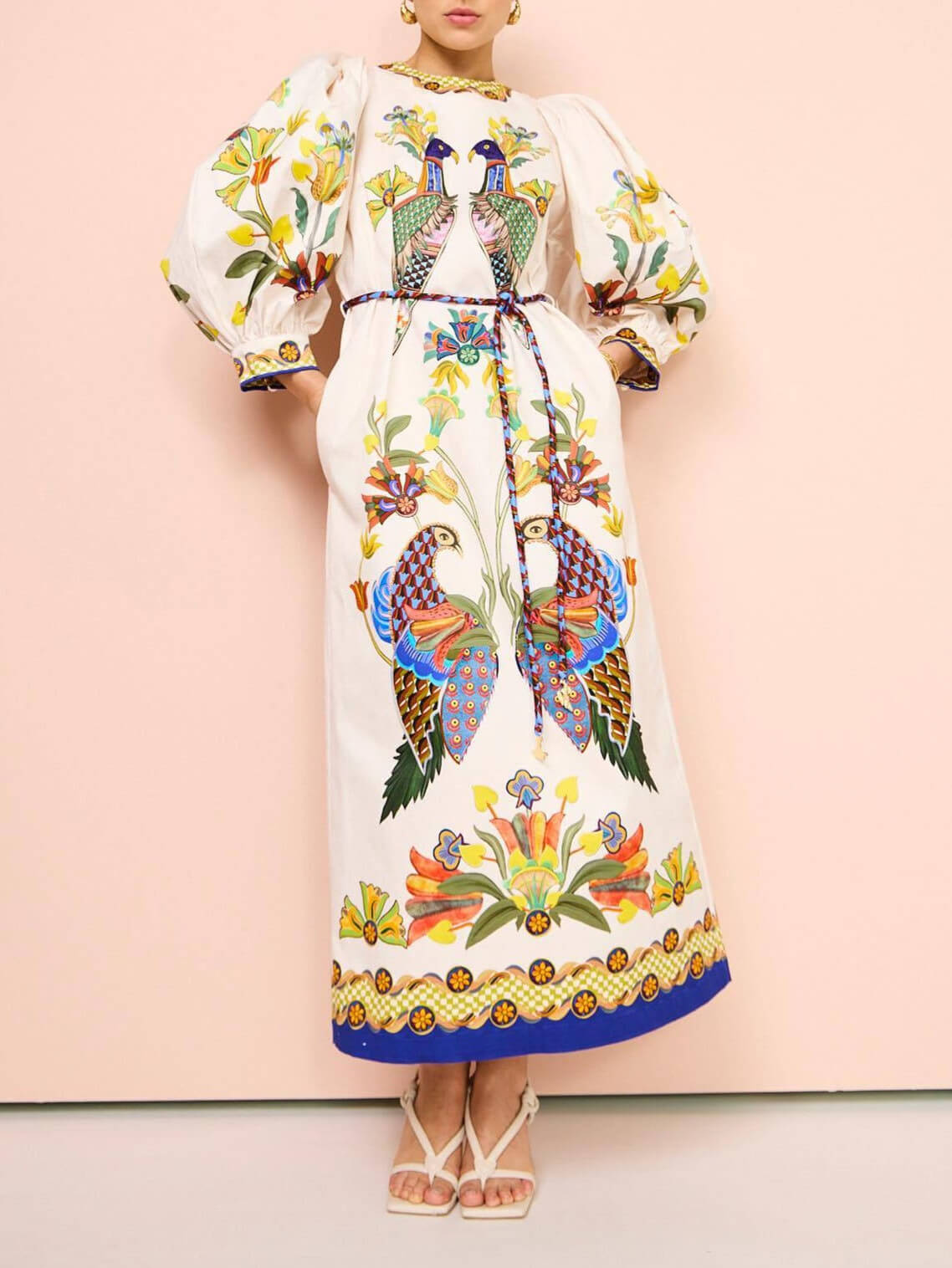Bird Print Puff Sleeve Round Neck Tie-Waist Border Trim Midi Dress 5