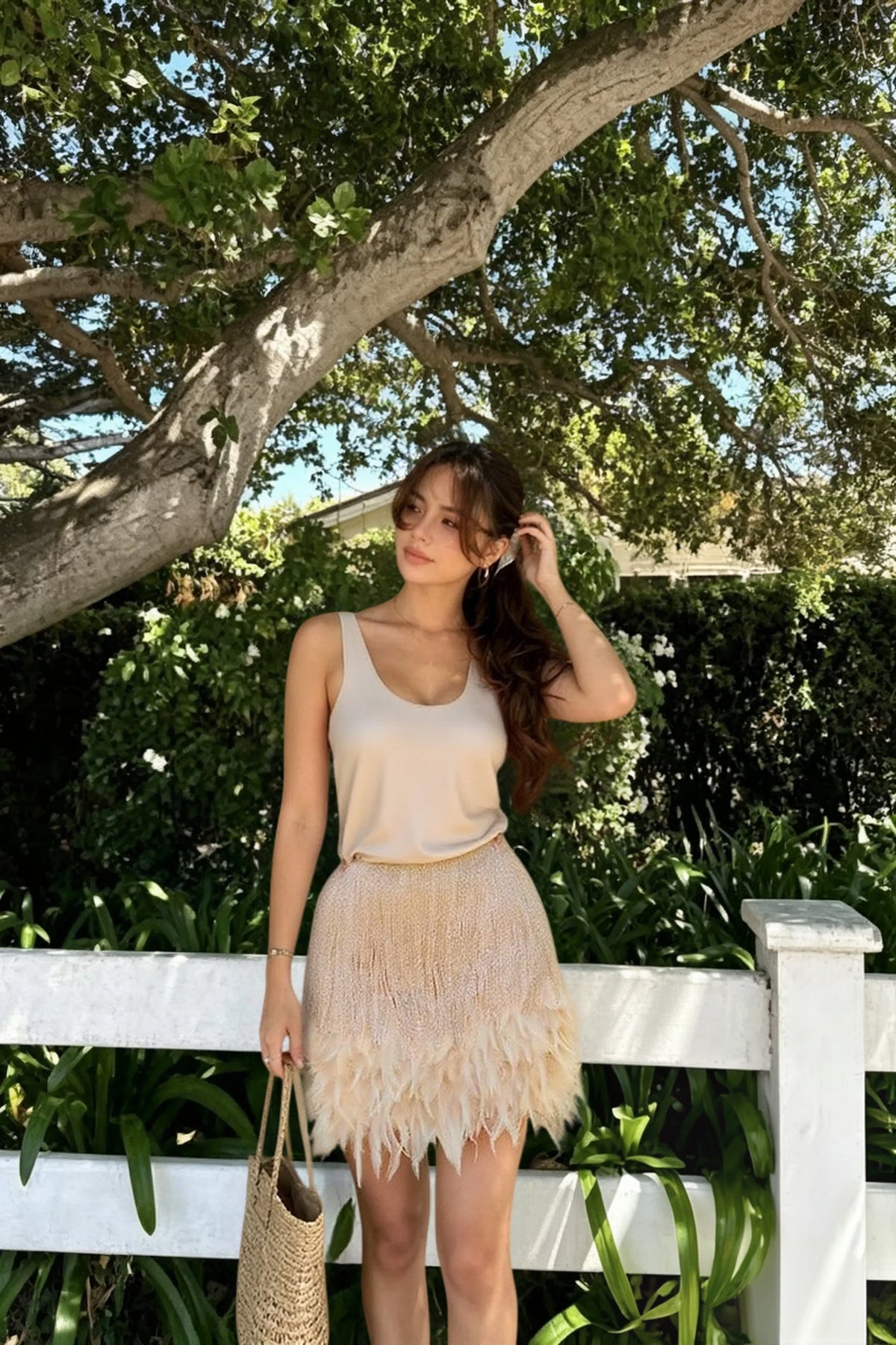 Scoop Neck Sequin Feather Trim Mini Skirt Set 2