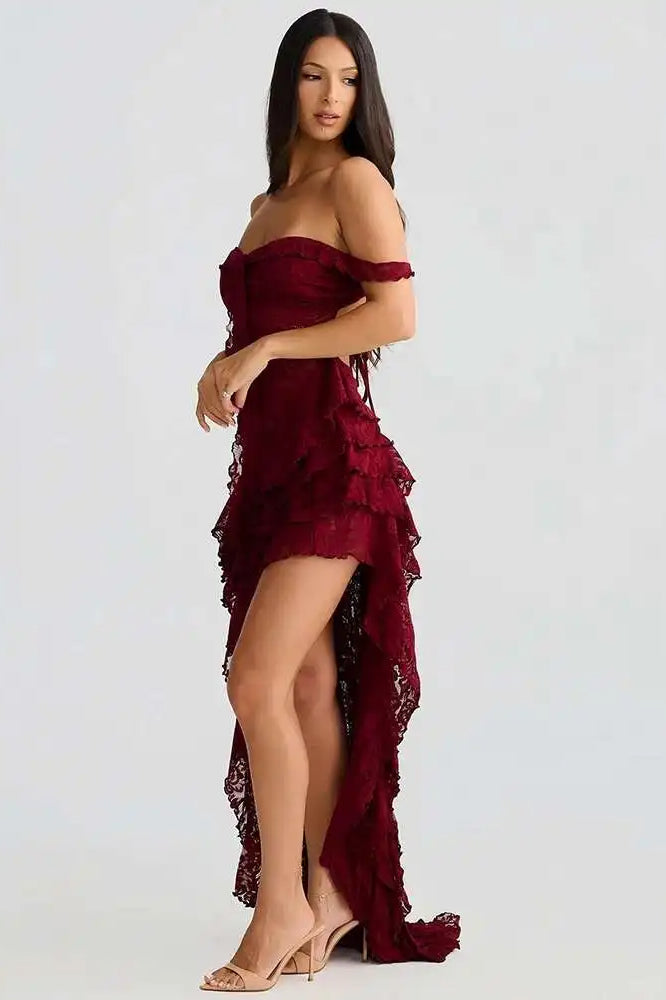 Floral Lace Off-Shoulder Tie-Front Tiered High-Low Ruffle Midi Dress 5
