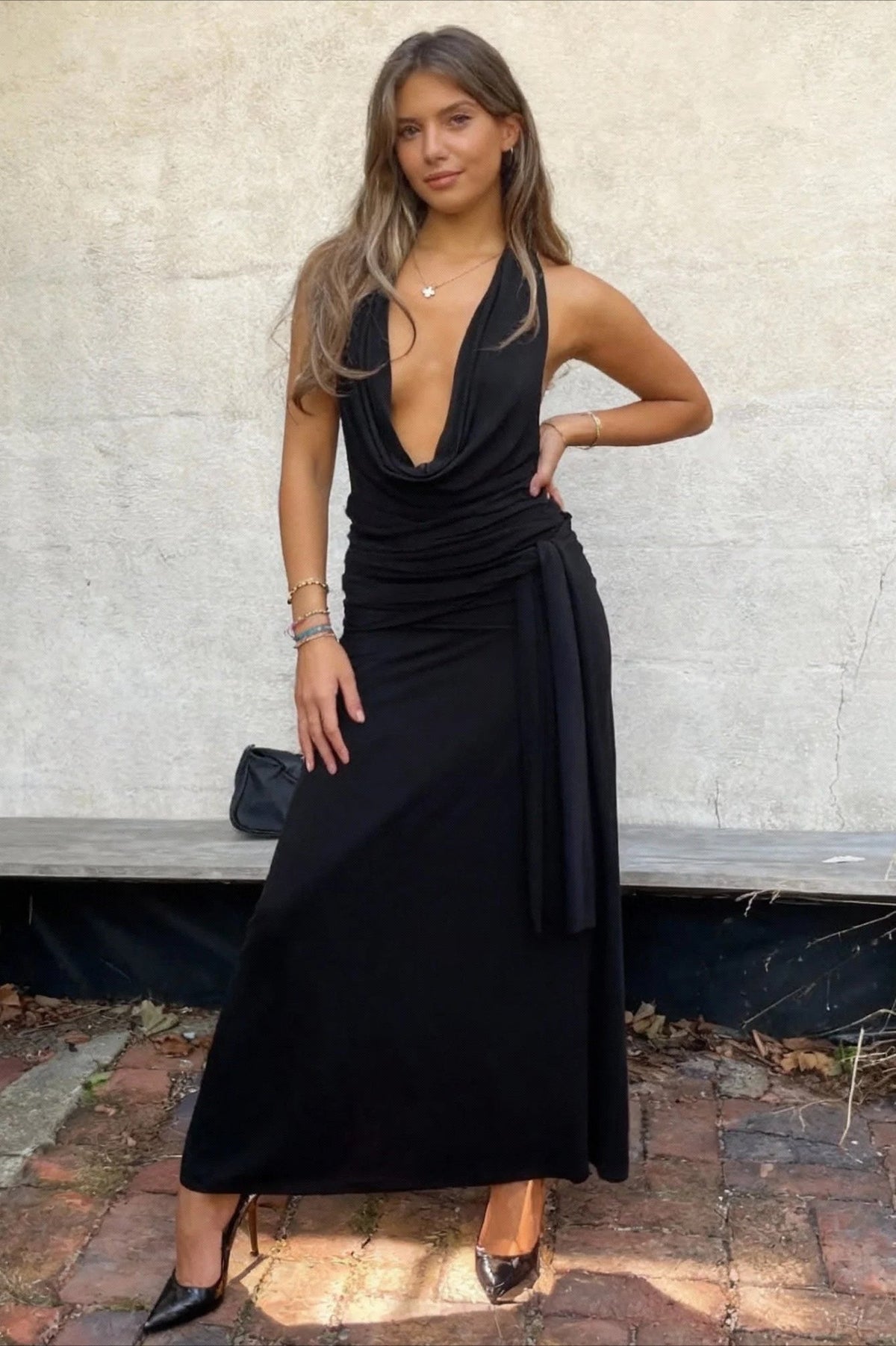 Halter Neck Deep Cowl Neck Ruched Side Cut Out Wrap Maxi Gown 2