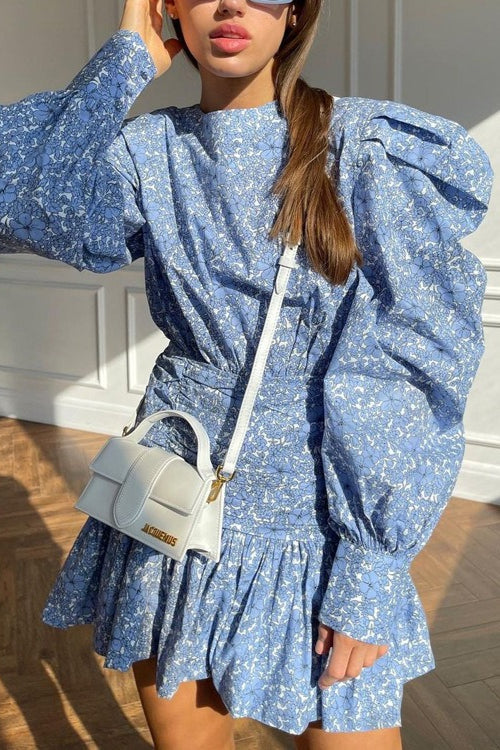 Blue Floral Print Round Neck Long Puff Sleeve Ruffle Hem Mini Dress