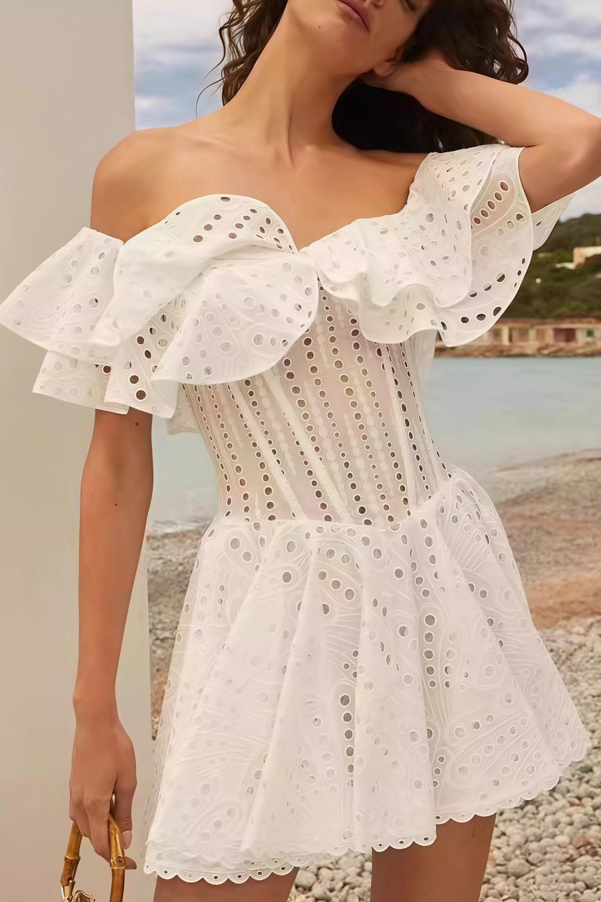 Broderie Anglaise Off Shoulder Tiered Ruffle Fit and Flare Mini Dress 3