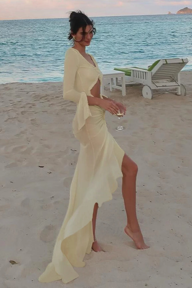Deep V-Neck Center Cutout Long Sleeve Tie Cuff High Slit Ruffled Tiered Mesh Maxi Dress 3