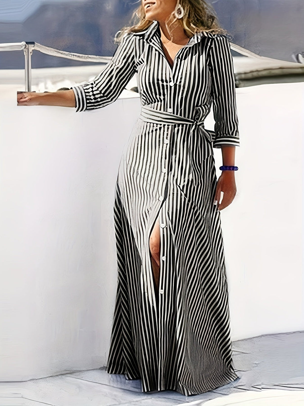 Marble Print Long Sleeve Belted Button Front Shirt Maxi Dress 9