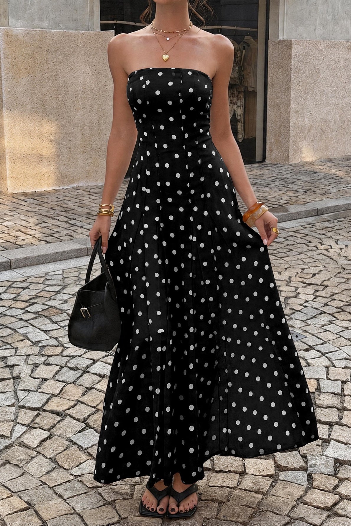 Strapless Polka Dot Paneled Slit Maxi Dress 4