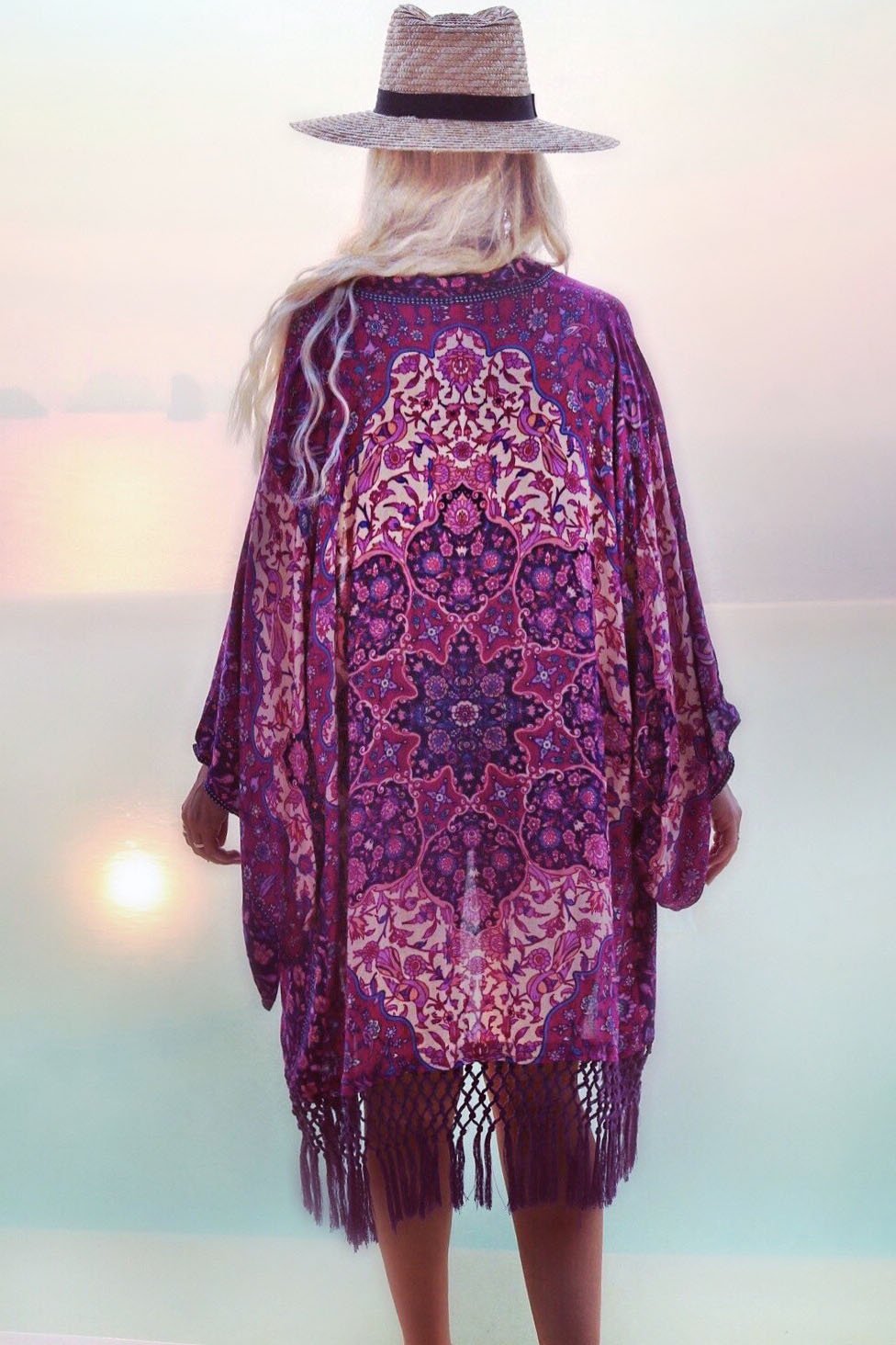 Purple Tassel Tribal Print Kimono Sexy Beach Chiffon Cover Up Cardigan