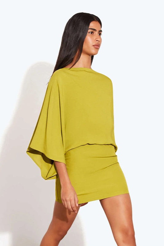 Deep Back Cowl Neck Draped Wing Sleeve Loose Mini Dress 4