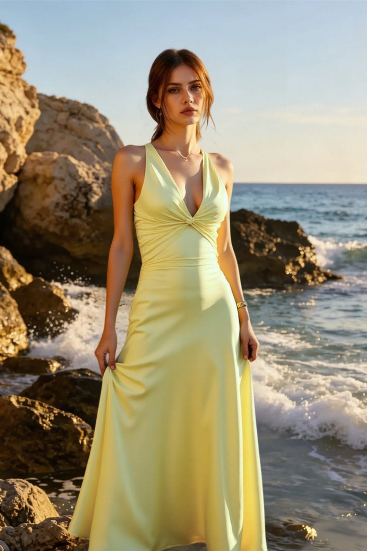 Twist Front Deep V-Neck Wide Strap Satin Maxi Gown 3