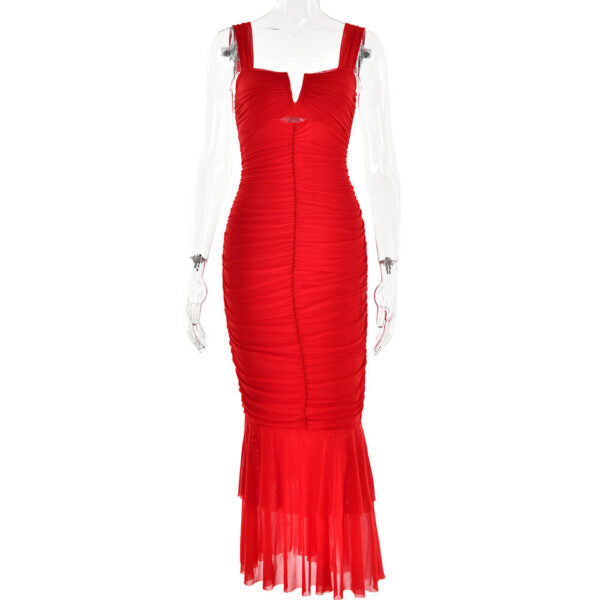 Square Neck Ruched Keyhole Tiered Ruffle Mermaid Maxi Dress 4