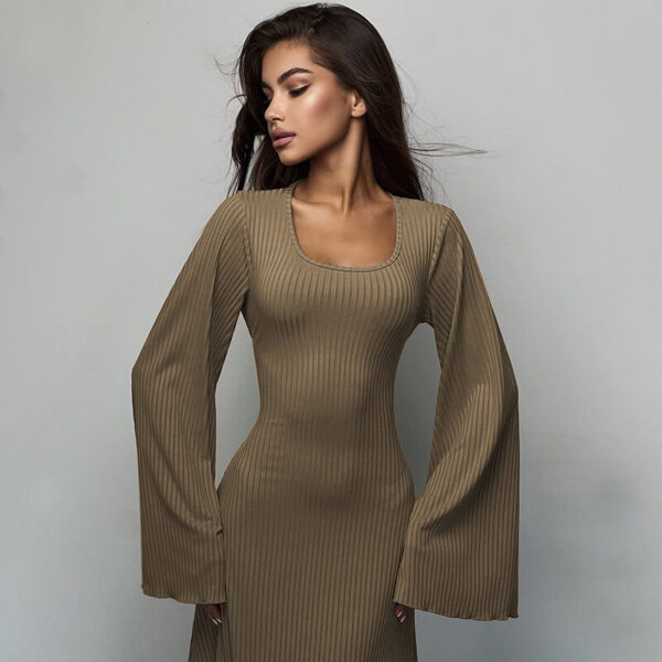 Scoop Neck Long Sleeve Bell Cuff Rib Knit Maxi Dress 3