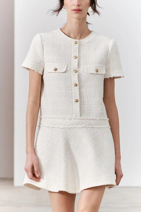Metal Button Short Sleeve Round Neck Tweed Fit-and-Flare Mini Dress 4