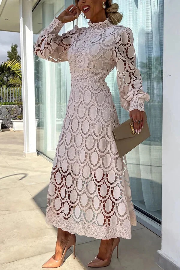 Guipure Lace Mock Neck Lantern Sleeve Scalloped Hem Hollow Out Midi Dress 10