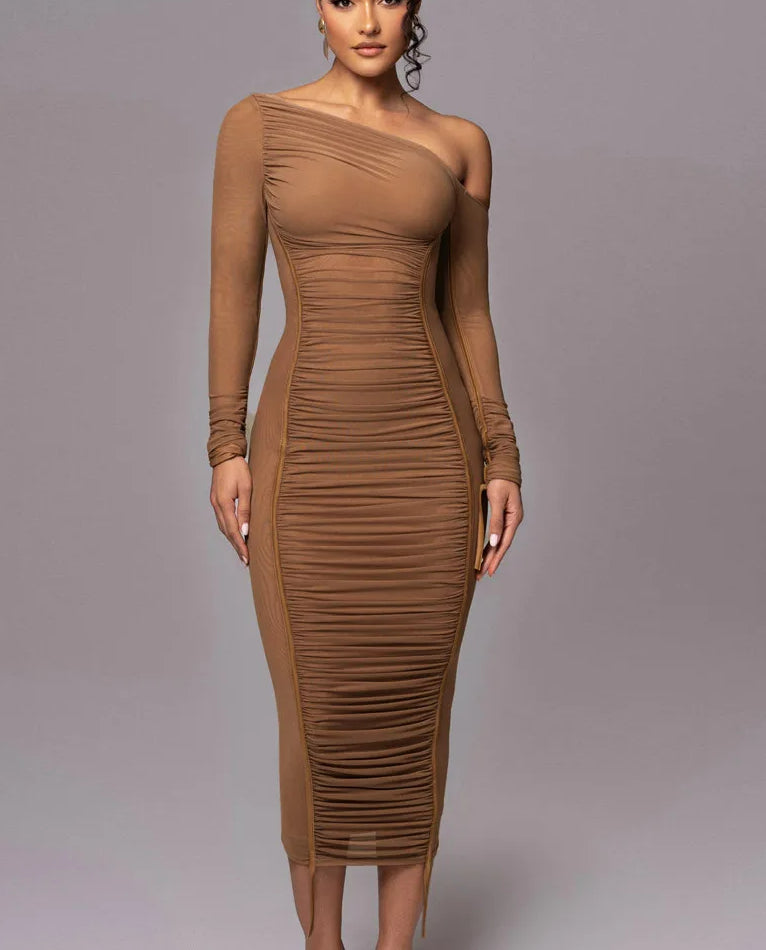 One Shoulder Ruched Mesh Contrast Piping Maxi Dress 2