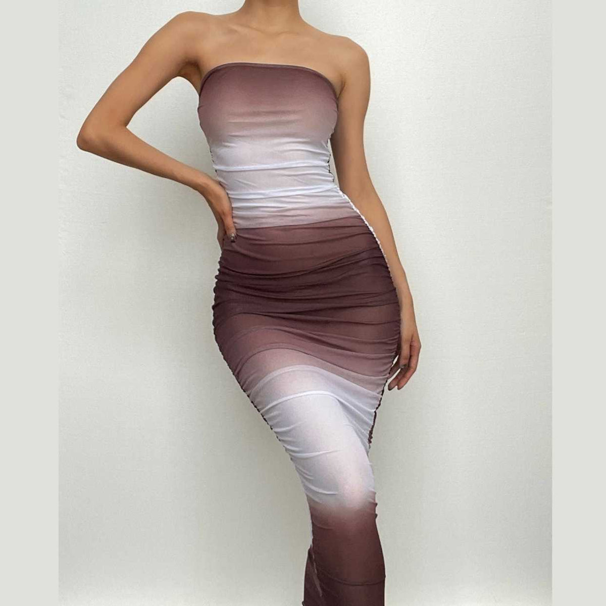 Gradient Mesh Ruched Strapless Tube Bodycon Maxi Dress