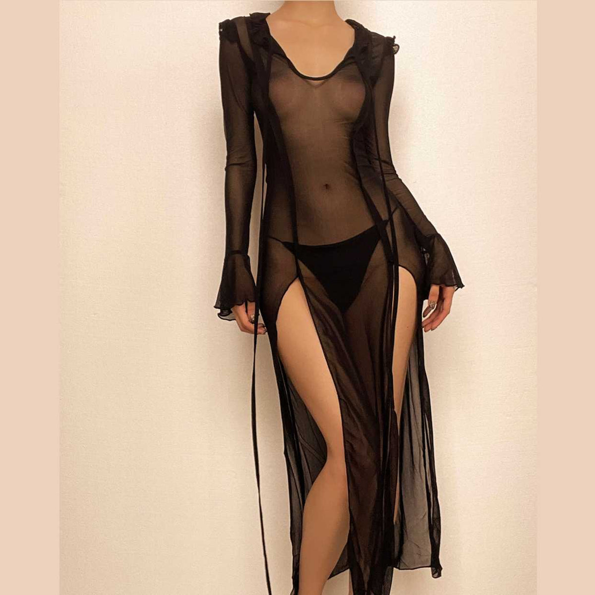 Sheer Mesh Ruffle Cuff Deep V Neck High Slit Flared Sleeve Maxi Dress