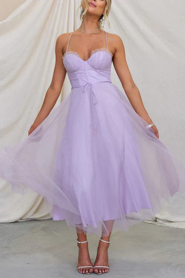Sweetheart Neck Spaghetti Strap Corset Lace Up Tulle Skirt Midi Dress 14