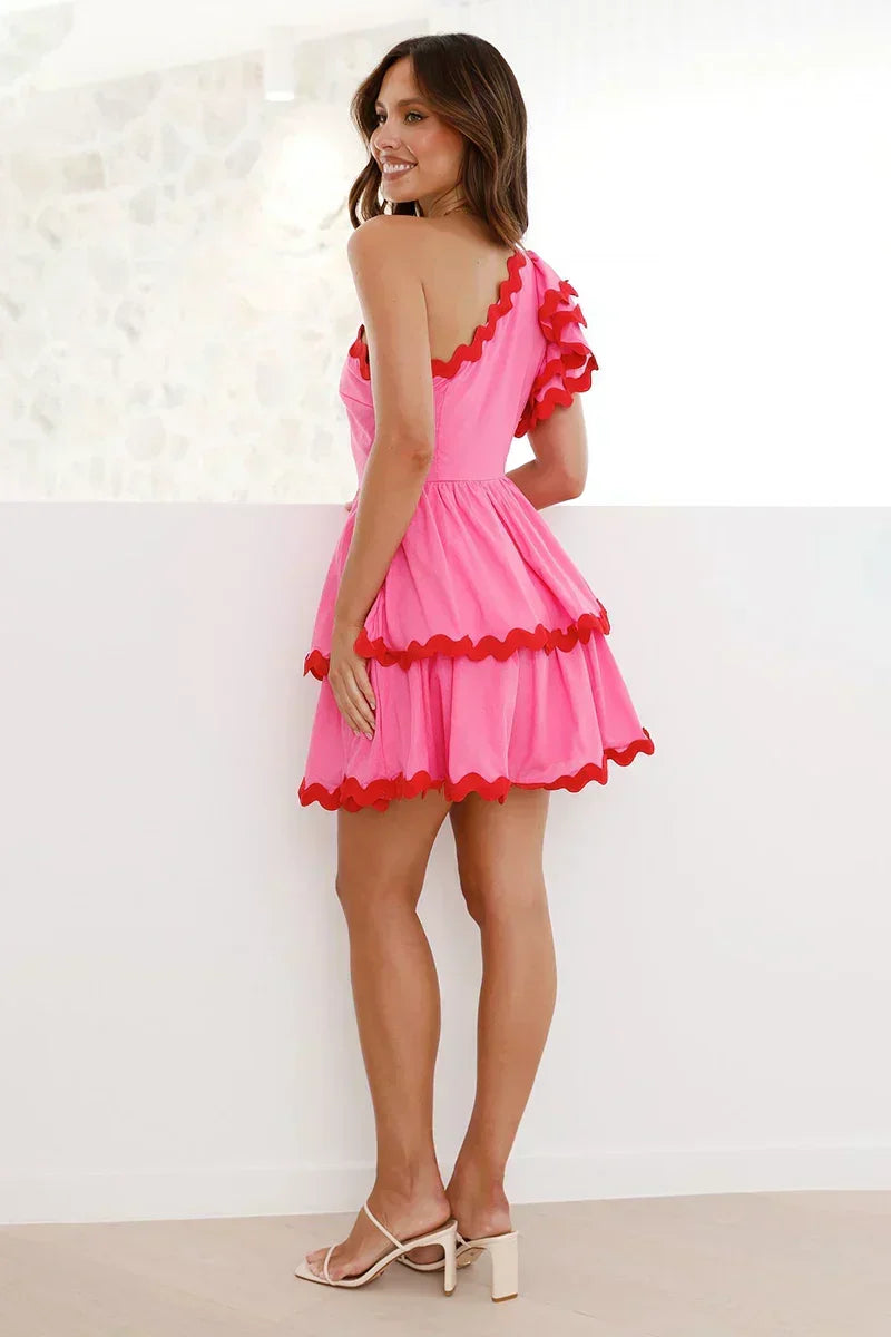 One Shoulder Ruffle Trim Scalloped Edge Tiered Mini Dress 3