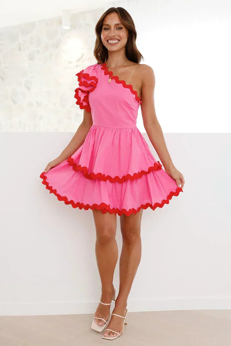 One Shoulder Ruffle Trim Scalloped Edge Tiered Mini Dress 4