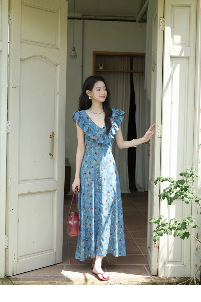 Floral Print Ruffle Trim V-Neck Cap Sleeve Fit and Flare Maxi Summer Dress 9