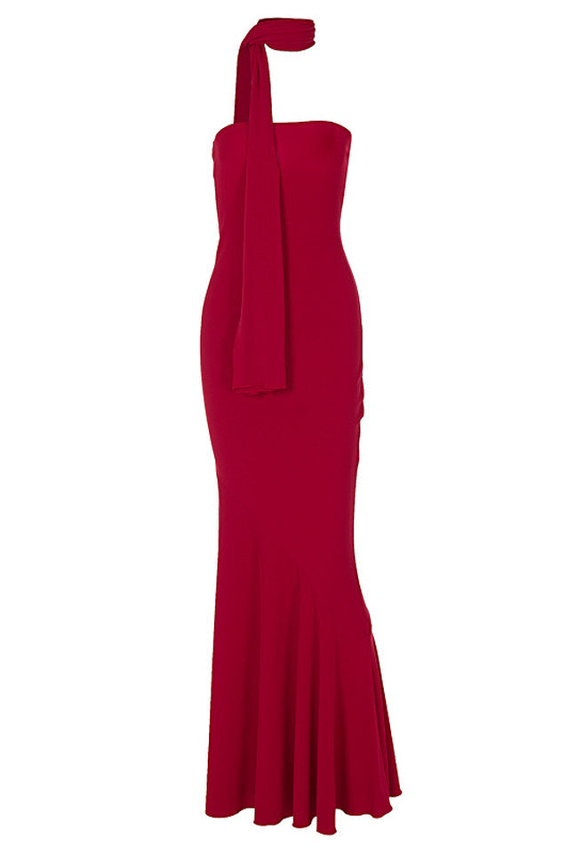 Strapless Rib Knit Neck Scarf Trumpet Hem Mermaid Maxi Gown 14