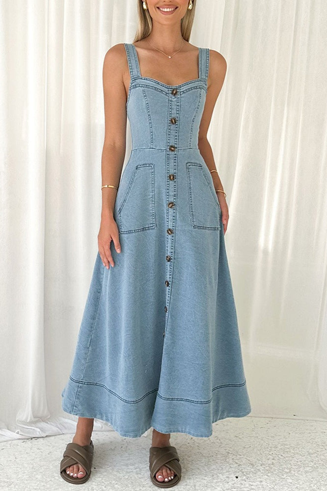 Denim Square Neck Button Front Patch Pocket A-Line Maxi Dress 3