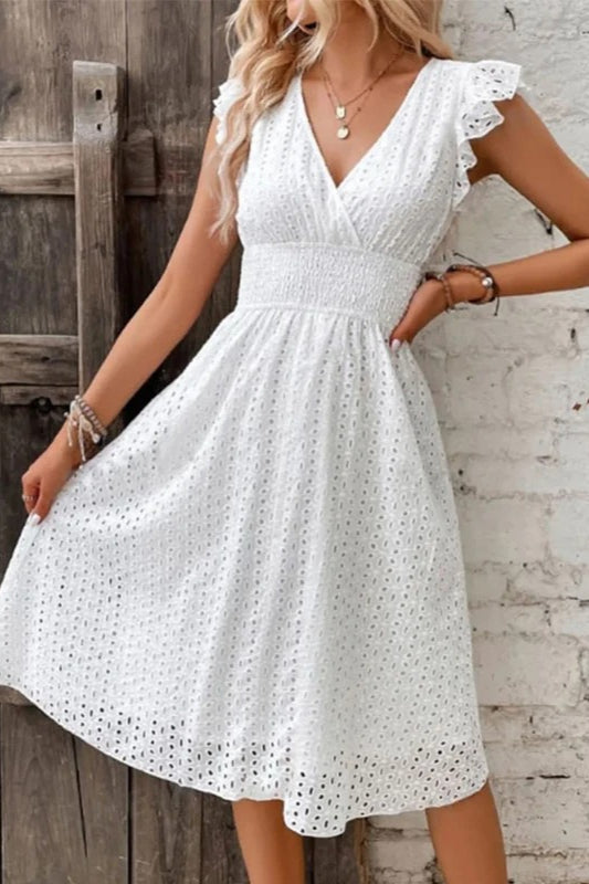 Eyelet Lace V-Neck Ruffle Cap Sleeve Smocked Waist A-Line Midi Dress 2
