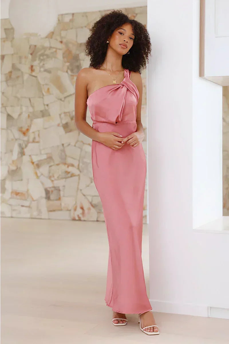 Satin One Shoulder Column Floor Length Maxi Dress 2