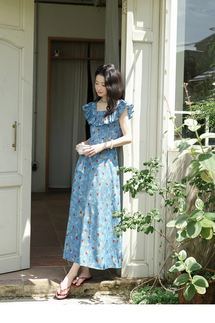 Floral Print Ruffle Trim V-Neck Cap Sleeve Fit and Flare Maxi Summer Dress 2
